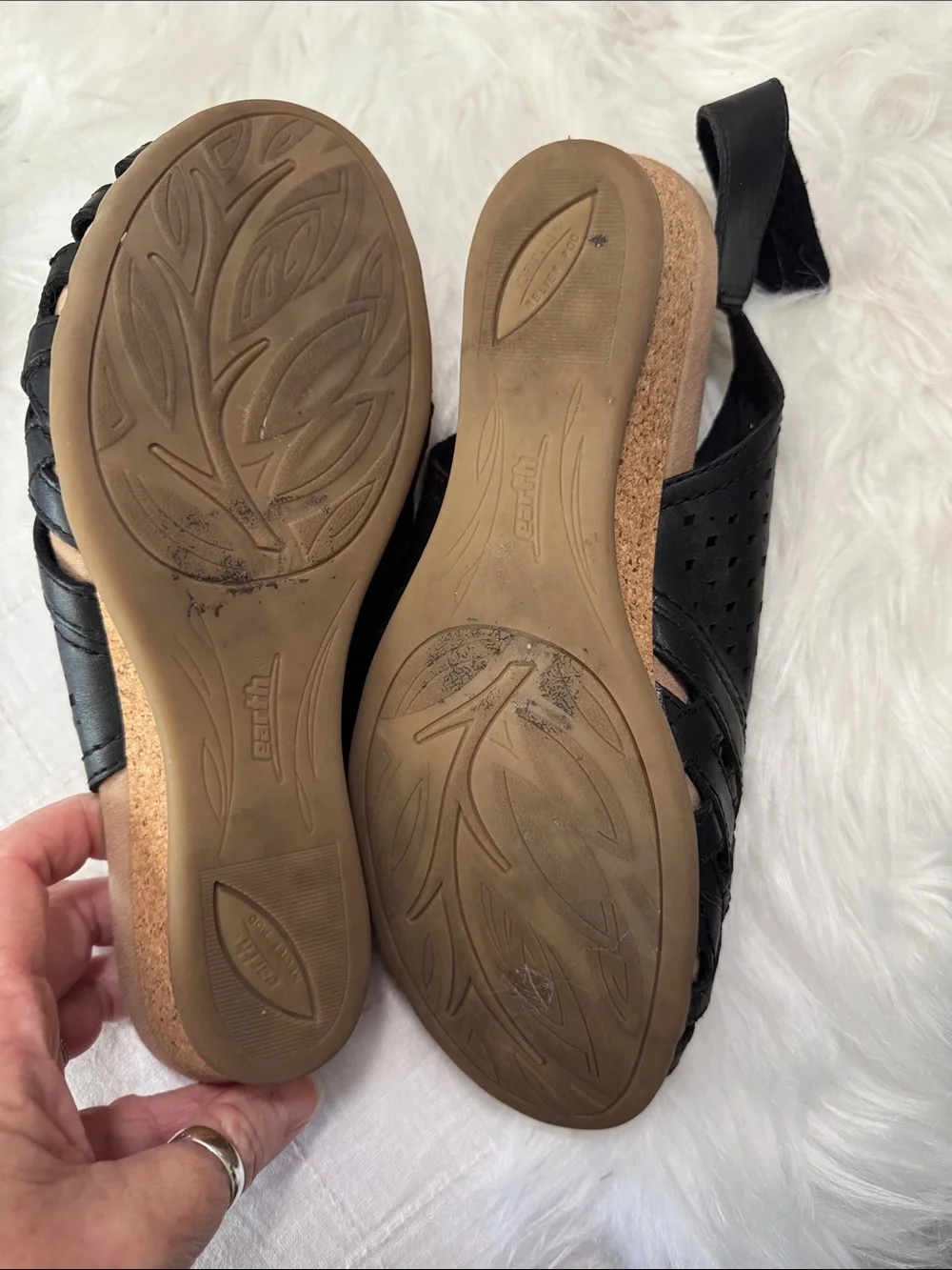 Earth Black Leather upper.  Sandals with Woven Toe